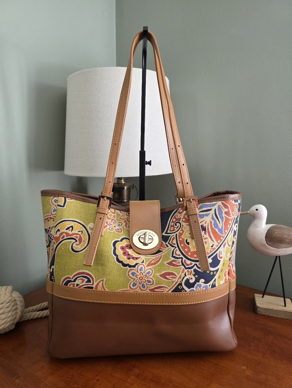 Spartina 449 Elfrida Paisley Linen Leather Turn Lock Tote Bag
